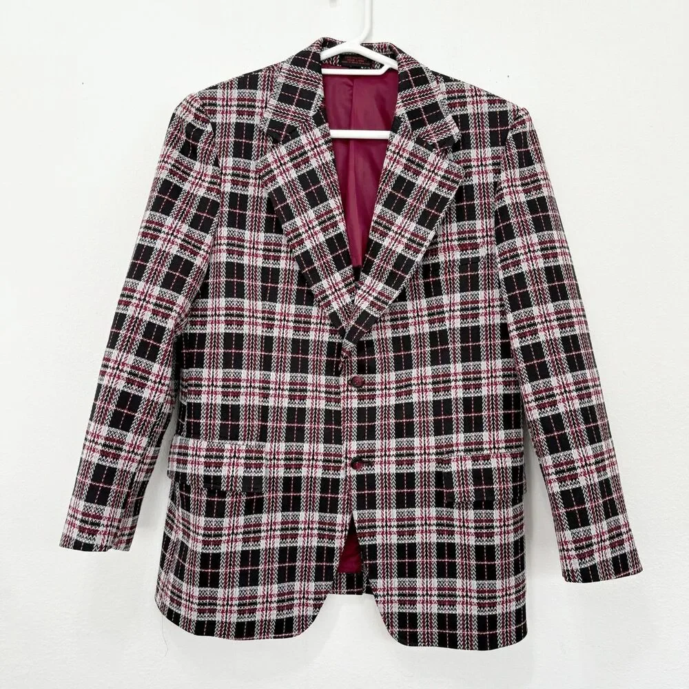 Sir Walter Mens 70s Wide Lapel Polyester Double Knit Plaid Blazer 42R Sport Coat